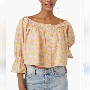 Free People Yellow James Smocked Off the Shoulder Crop Blouse Size EXTRA SMALL
